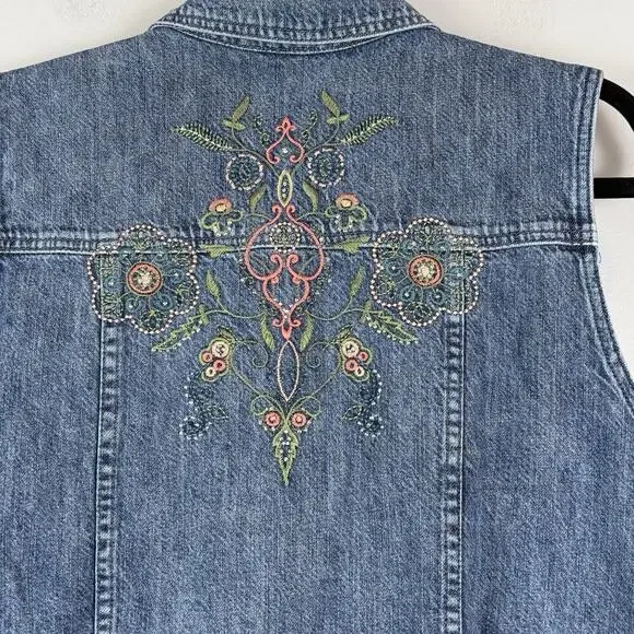 Christopher Banks Denim Boho Vest M Blue Embroidered Collared Eclectic Western - Picture 7 of 9
